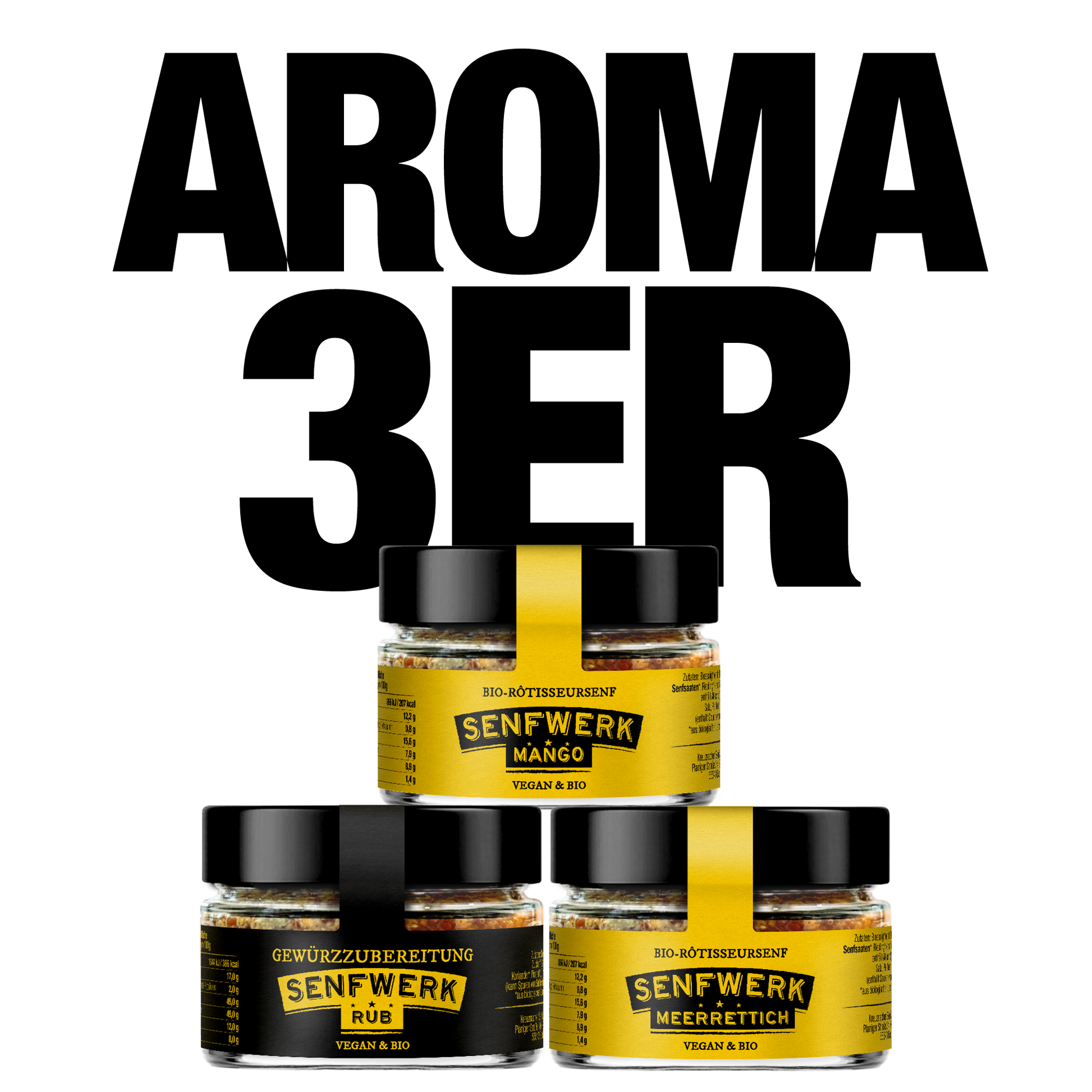 "Aroma 3er" BIO-Senfpaket - Rub, Mango und Meerrettich