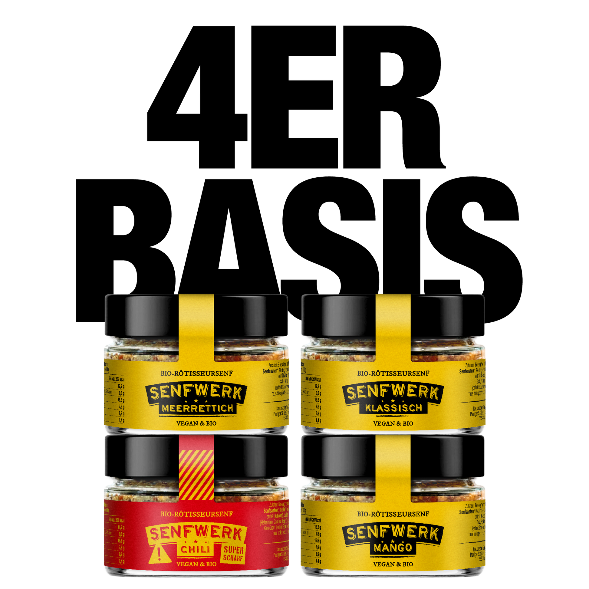 Alle 4! - individuelles BIO-Senfpaket - Klassisch, Mango, Meerrettich und Chili