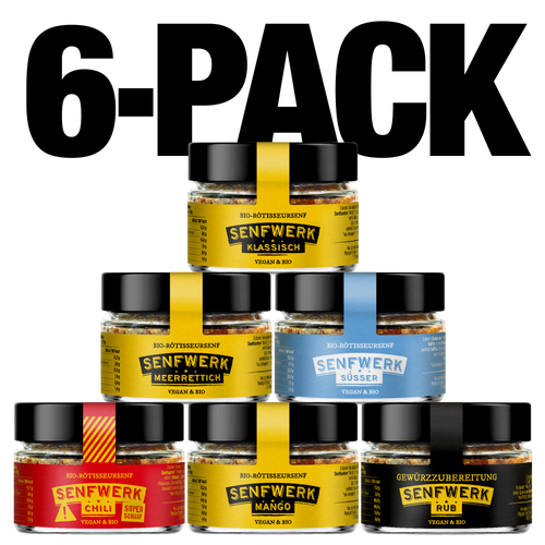 "6-Pack" - Einmal alle Sorten durchtesten: Klassisch, Meerrettich, Mango, Chili, RUB und Süss